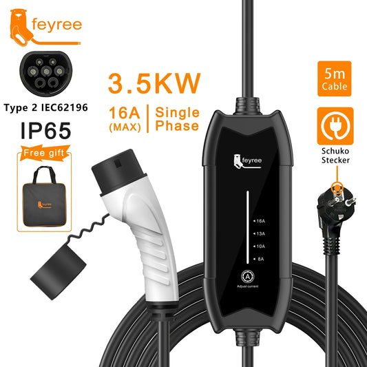 Feyree Typ2 3,5KW 16A 1-Phasen EV-Ladegerät Tragbare Ladebox mit Einstellbarem Strom 5m Kabel Ladestation für Elektrofahrzeuge
