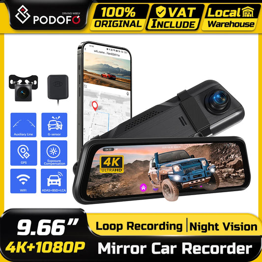 Podofo Auto-Spiegel-Videorekorder Nachtsicht ADAS+BSD Dashcam Front- und Rückkamera Spiegel WIFI Schleifenaufnahme Schwerkraftsensor GPS Parksensor