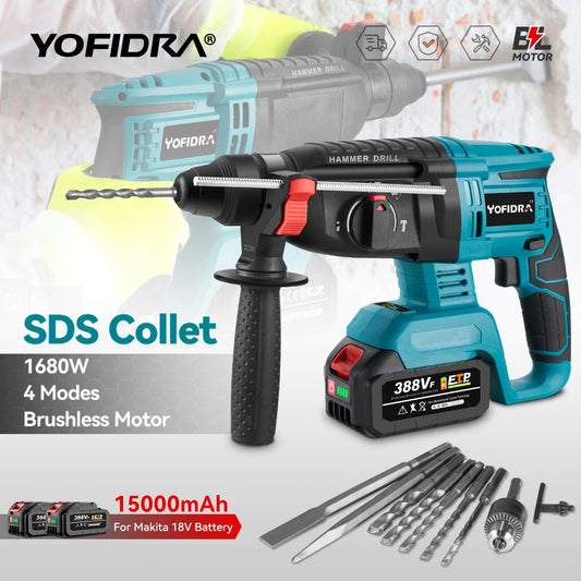 YOFIDRA 26 MM Bürstenlosen Elektrischen Bohrhammer Multifunktionale Rotary Cordless Wiederaufladbare Power Werkzeuge für Makita 18 V Batterie Pin