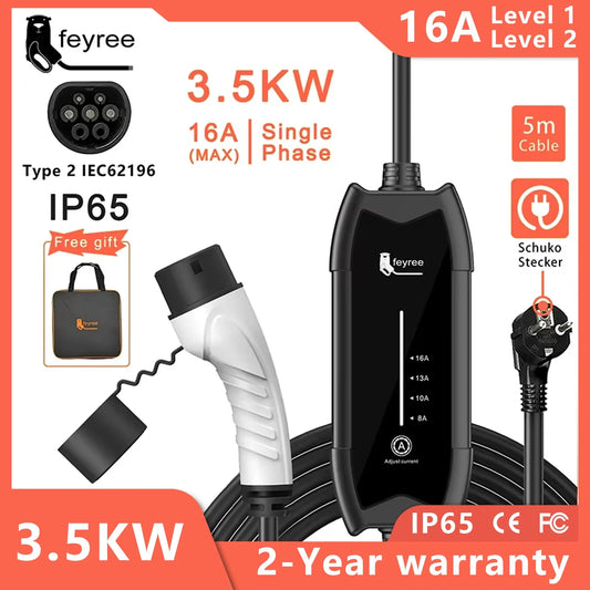 Feyree Typ2 3,5KW 16A 1-Phasen EV-Ladegerät Tragbare Ladebox mit Einstellbarem Strom 5m Kabel Ladestation für Elektrofahrzeuge