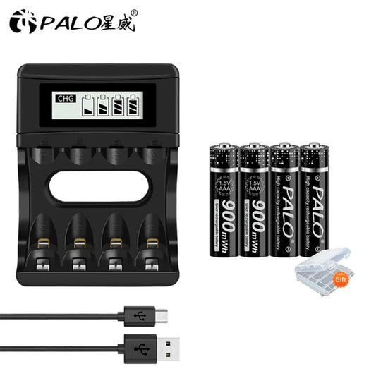 PALO 1,5V AAA Wiederaufladbare Li-Ionen-Batterie 900mWh AAALithium-Batterien mit 4-Slot-LCD-Ladegerät für 1,5V AA AAA Batterien