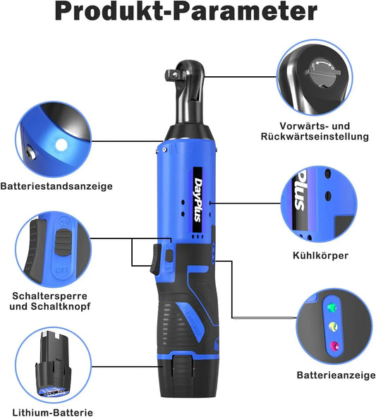 DayPlus 12 V Tragbares Elektrisches Hand-Ratschenschlüssel-Set, 3/8 Zoll Kabellose Batteriebetrieb, Hohes Drehmoment + 2 X 1500 MAh Batterie – Bild 2