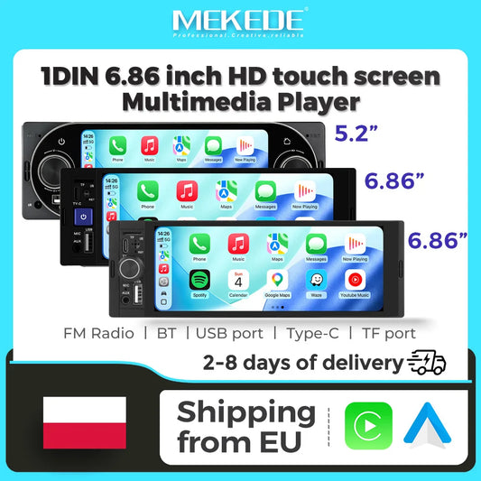 MEKEDE 1 Din Universal 6,86 Zoll Autoradio MP5-Player Kabelloses Carplay Android Auto Mirror Link Stereo Multimedia-Videoplayer BT SWC FM AUX USB Typ-C GPS-Navigationsbildschirm