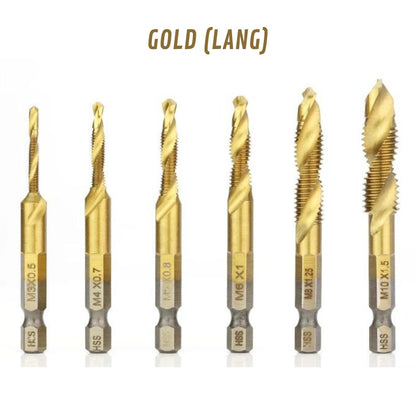 6-teilig Titanbeschichtete HSS-Bohrer mit Tap-Bits | M3-M10, Metrische Gewinde (Gold-Lang)