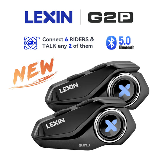Lexin G2P Motorrad-Gegensprechanlage, Helm-Bluetooth-Headsets, Freisprech-Kommunikator für Bis Zu 6 Fahrer, Gegensprechanlage mit UKW-Radio