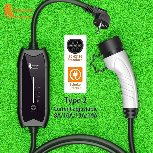 Feyree EV Tragbares Ladegerät 3,5kW Typ2 Anschluss 16A Einphasig 5m Kabel Stromstärke Einstellbar für Elektrofahrzeug Autoladegerät
