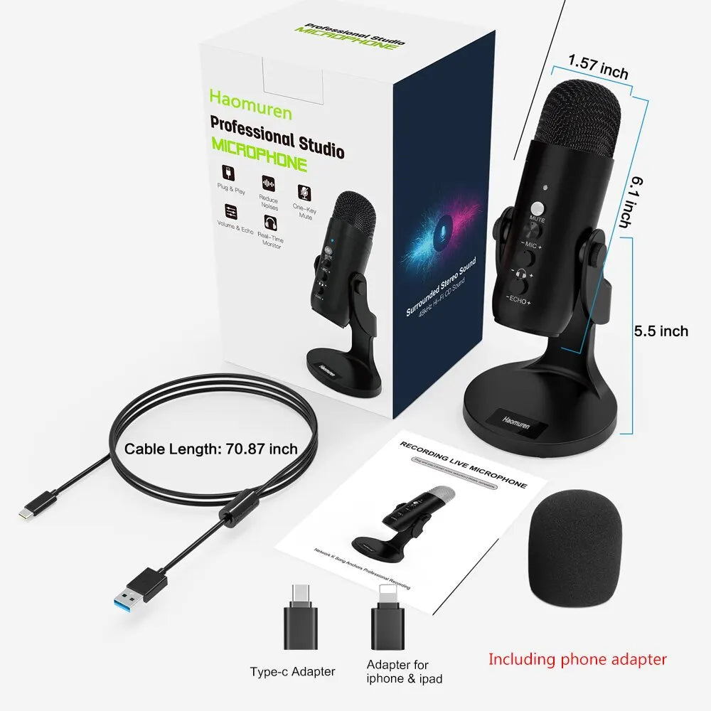 USB-Mikrofon Kondensator | Streaming - Podcasting: mit Telefonadapter und Kopfhörerausgang