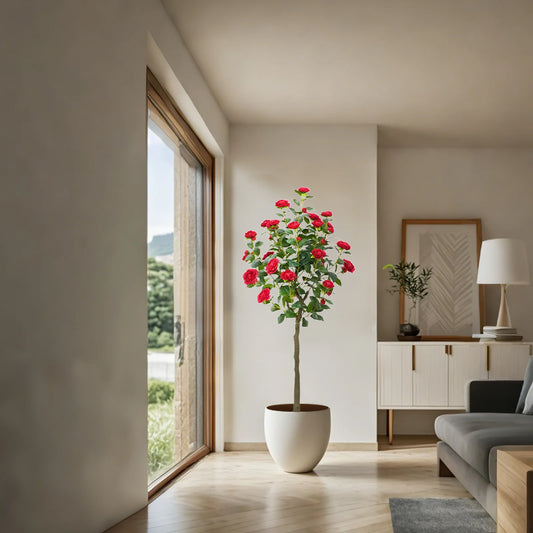 Künstlicher Kamelienbaum, Realistische Hohe Künstliche Blumenpflanzen, Künstliche Kamelienpflanze im Topf mit Blumen für Bürozimmer, Einweihung – Bild 2