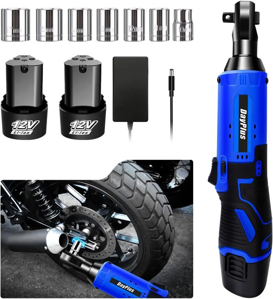 DayPlus 12 V Tragbares Elektrisches Hand-Ratschenschlüssel-Set, 3/8 Zoll Kabellose Batteriebetrieb, Hohes Drehmoment + 2 X 1500 MAh Batterie