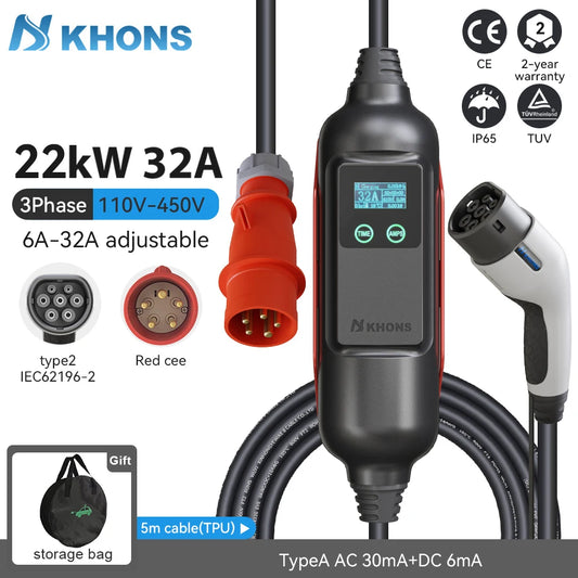 Khons 22 KW EV-Ladegerät, 3-Phasen-Ladegerät für Elektroautos, Typ 2 32 A, IEC62196-2, Ladekabel, CEE-Stecker, Ladestation für Elektroautos