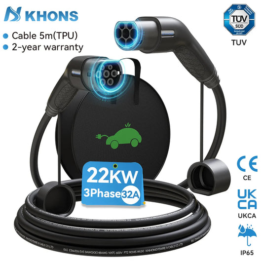 Khons EV-Ladekabel Typ2 auf Typ2 Ladekabel 22 KW 32 A EV-Ladegerät Buchse Stecker auf Stecker EVSE-Lade 5 M TPU-Kabel