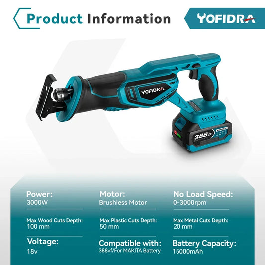 YOFIDRA 3000RPM Bürstenlose Säbelsäge Handheld Holz Metall Rohr Schneiden Elektrische Säge Kettensäge Werkzeug für Makita Batterie Pin – Bild 2