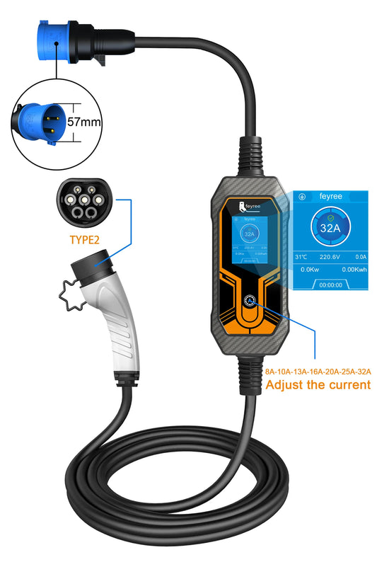 Feyree Tragbares EV-Ladegerät Wallbox Typ2 7kW 32A 1-Phasig 5m Kabel CEE-Steckdose EVSE-Ladebox für Elektrofahrzeug-Autoladegerät – Bild 2