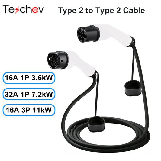 Teschev 16A/32A EV-Autoladegerät-Ladekabel, 1 Phasen/3 Phasen, EVSE Elektrofahrzeug, Typ 2 Buchse auf Stecker, IEC 62196-Stecker, 3 M