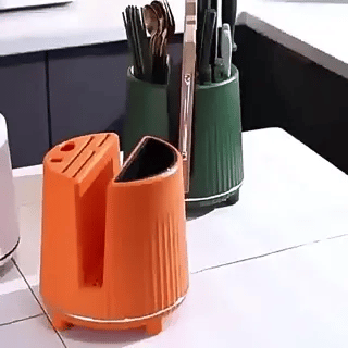Drehbarer Messer- & Utensilienhalter mit Schneidebrettfach | Multifunktionaler Küchen-Organizer für Besteck (Preview GIF)